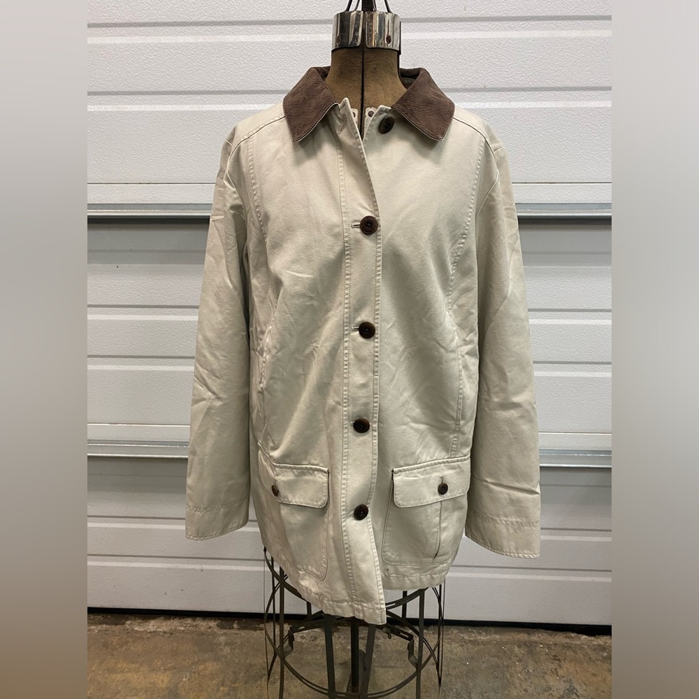 LL Bean Chore Barn Cotton Jacket Coat Cream Plaid Lined Medium Women’s